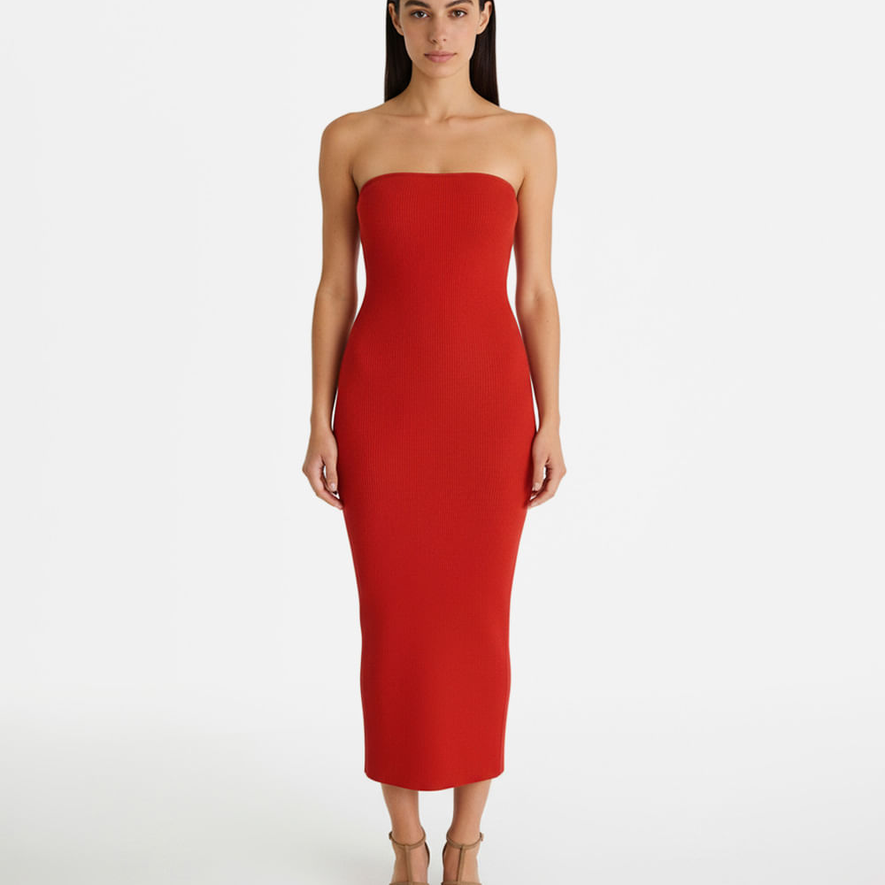 Vestido midi sem alça canelado feminino de algodão vermelho Vestido midi sem alça canelado feminino de algodão vermelho