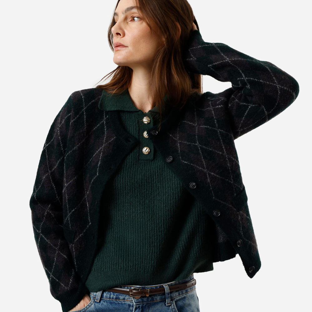 Cardigan feminino de tricot xadrez argyle verde Cardigan feminino de tricot xadrez argyle verde