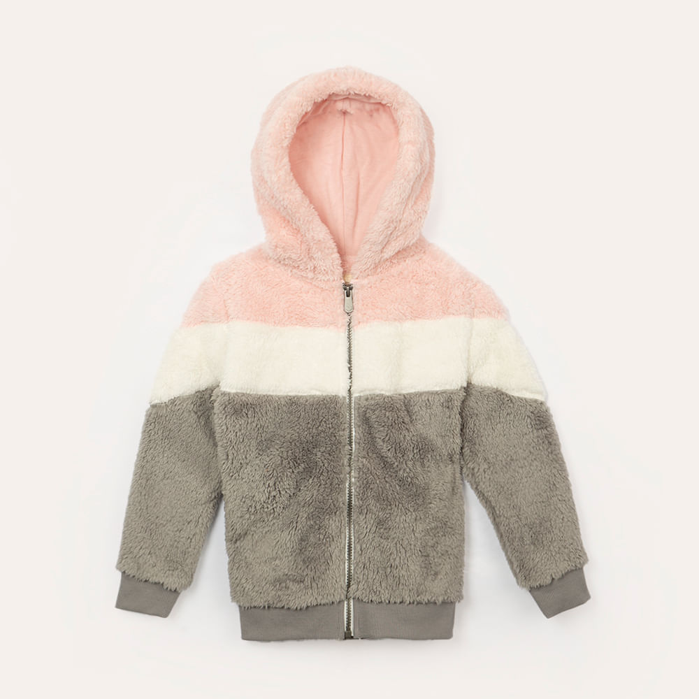 Jaqueta infantil bomber em pelúcia com capuz colorido Jaqueta infantil bomber em pelúcia com capuz colorido