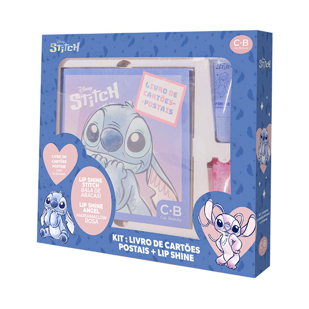 Kit de 2 hidratantes labiais lip shine angel e stitch 8g com livro Kit de 2 hidratantes labiais lip shine angel e stitch 8g com livro