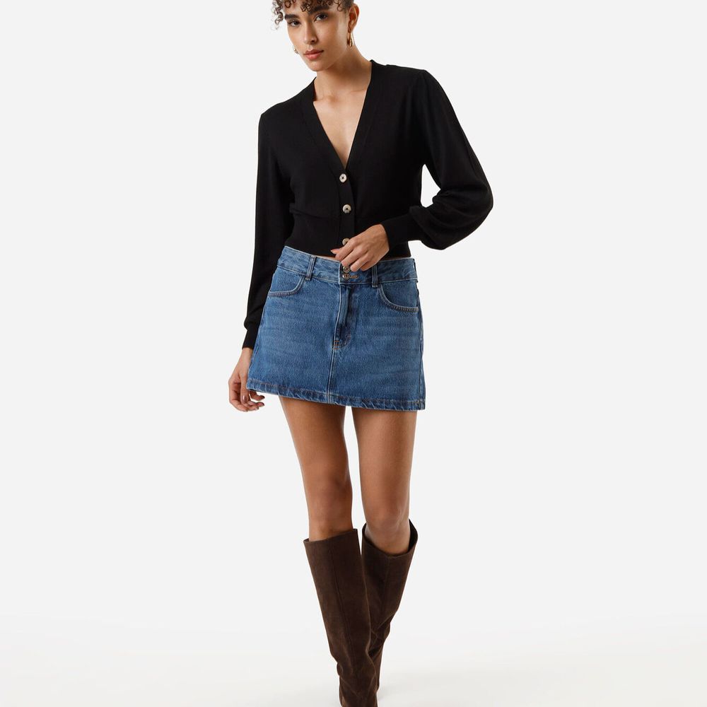 Minissaia feminina jeans cintura baixa azul Minissaia feminina jeans cintura baixa azul