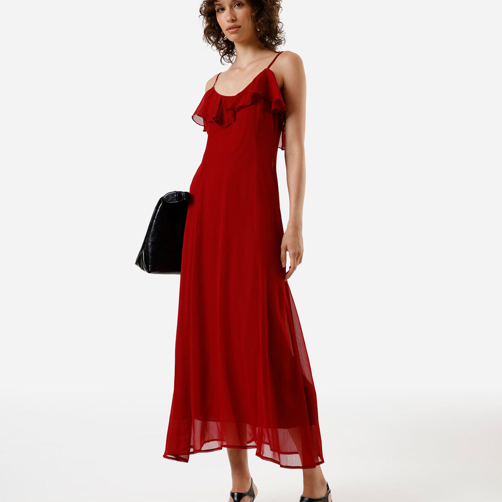 Vestido midi alça fina feminino com babado vinho Vestido midi alça fina feminino com babado vinho