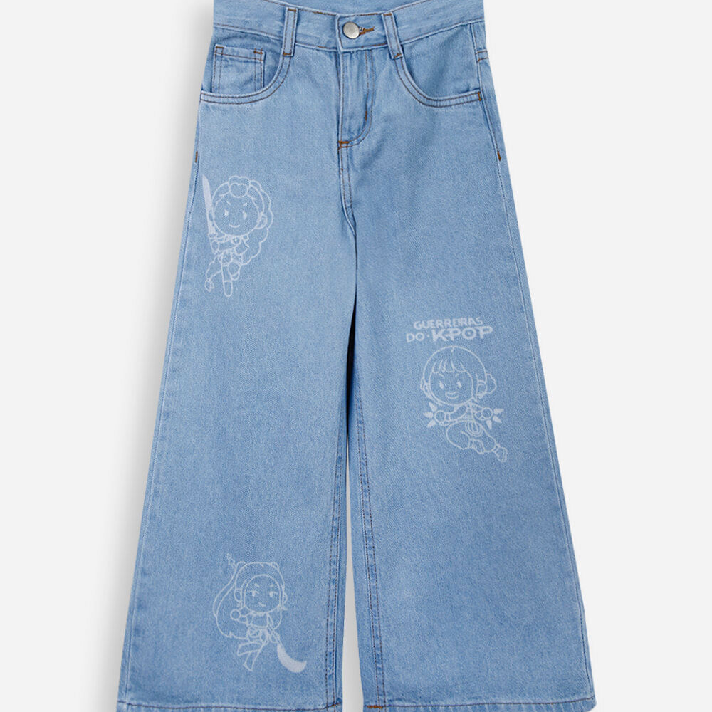 Calça infantil jeans wide leg guerreiras do kpop azul Calça infantil jeans wide leg guerreiras do kpop azul