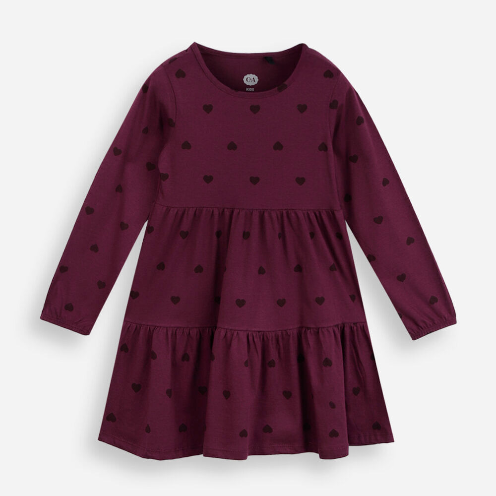Vestido infantil de algodão com recorte manga longa corações vinho Vestido infantil de algodão com recorte manga longa corações vinho
