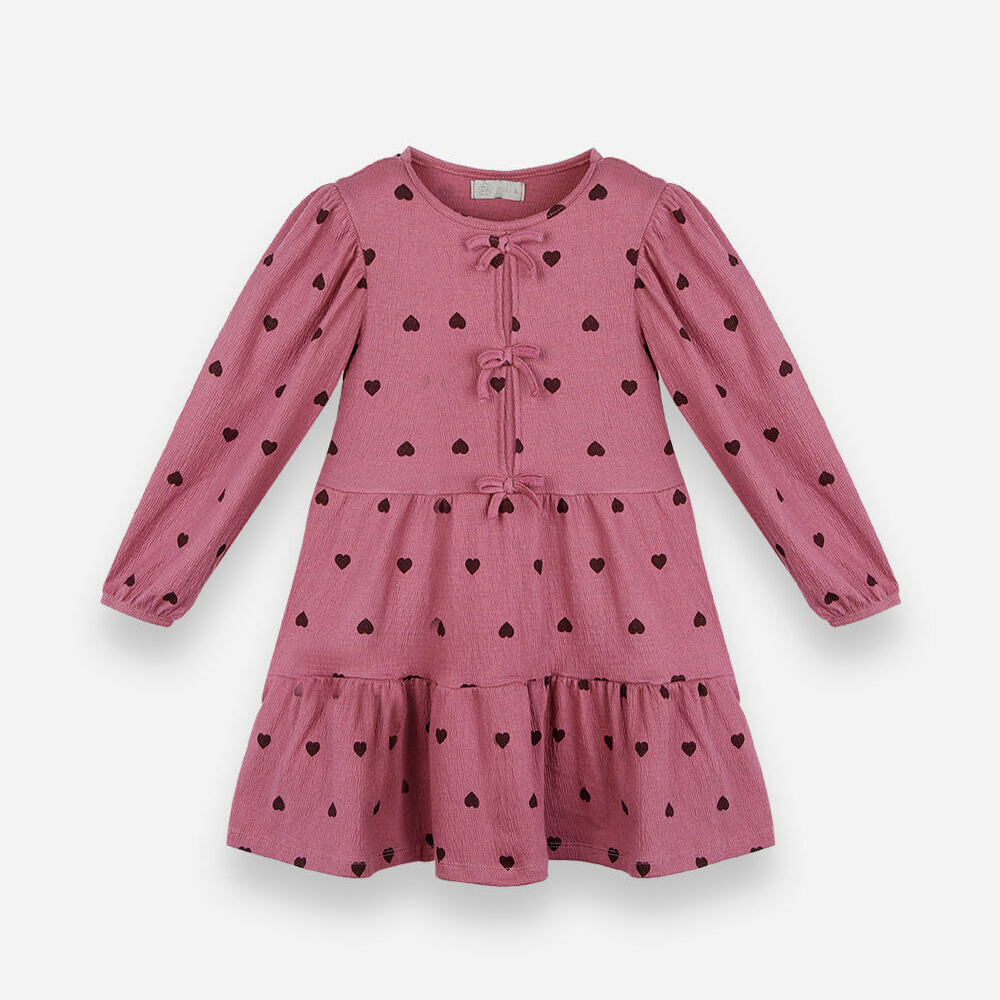 Vestido infantil de algodão com recorte manga longa corações rosa Vestido infantil de algodão com recorte manga longa corações rosa