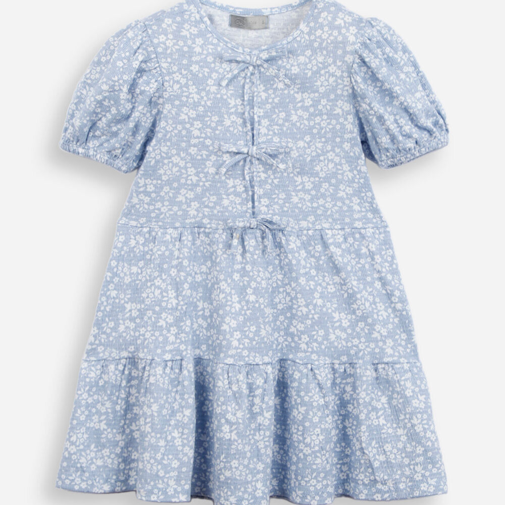 Vestido infantil manga curta texturizado laços azul Vestido infantil manga curta texturizado laços azul