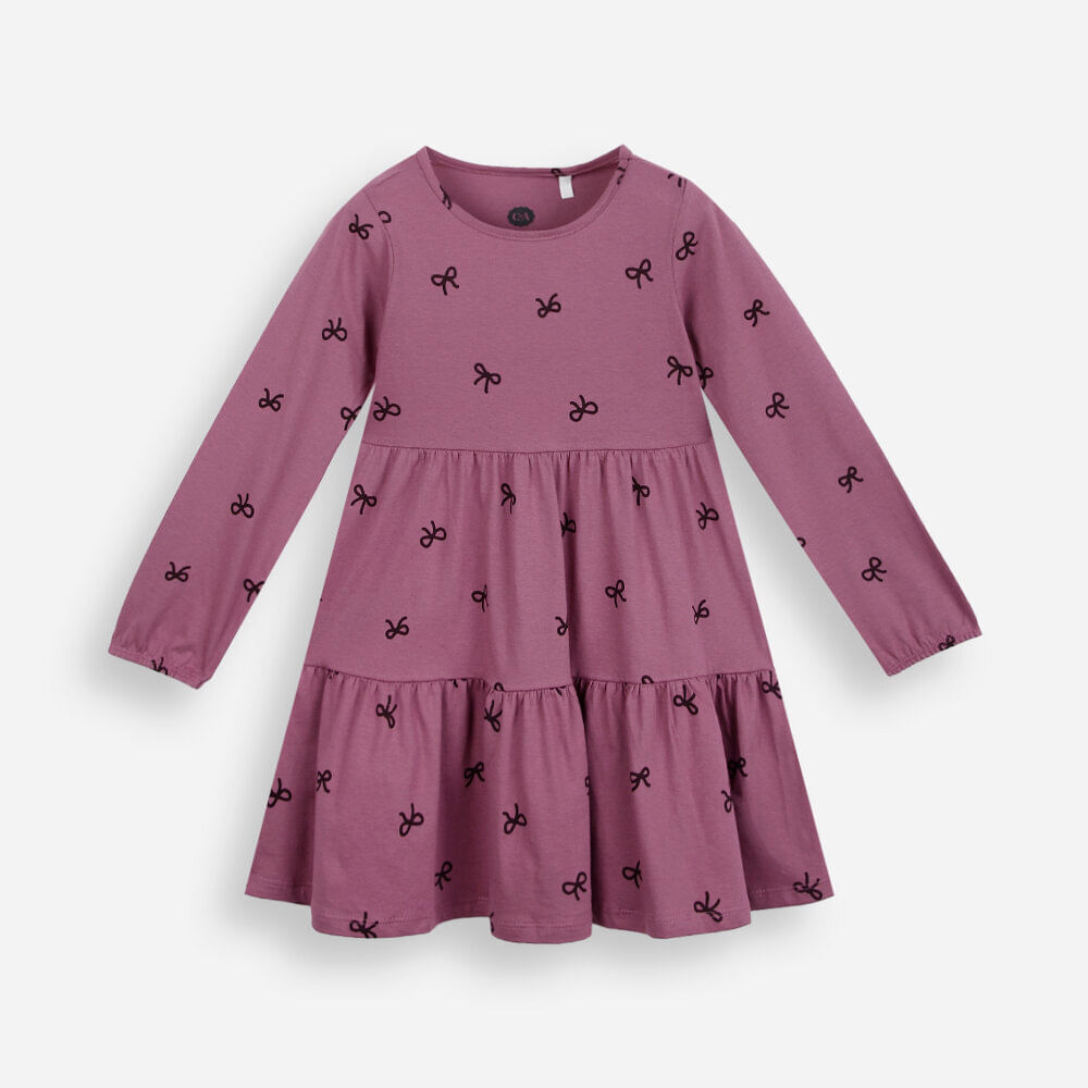 Vestido infantil de algodão manga longa com recortes laços rosa Vestido infantil de algodão manga longa com recortes laços rosa
