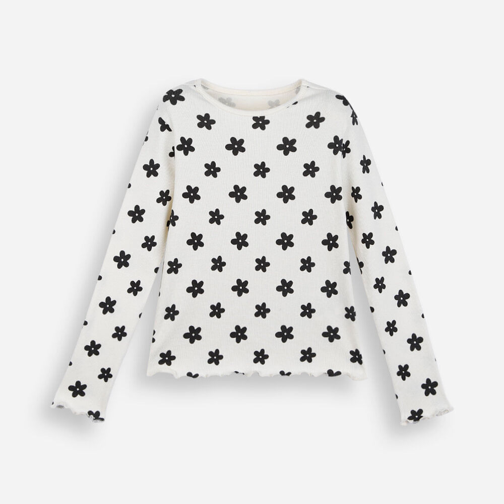 Blusa infantil de algodão floral canelada off white Blusa infantil de algodão floral canelada off white