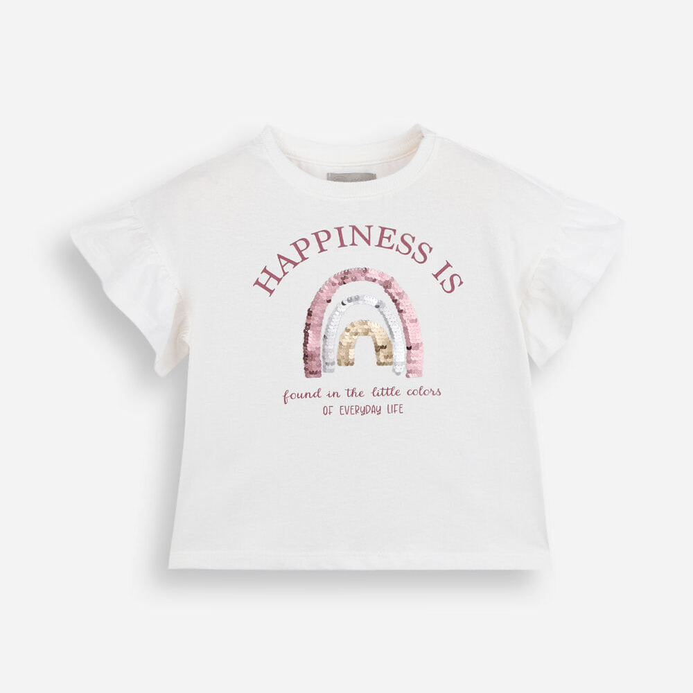 Camiseta infantil manga curta arco íris com paetê off white Camiseta infantil manga curta arco íris com paetê off white