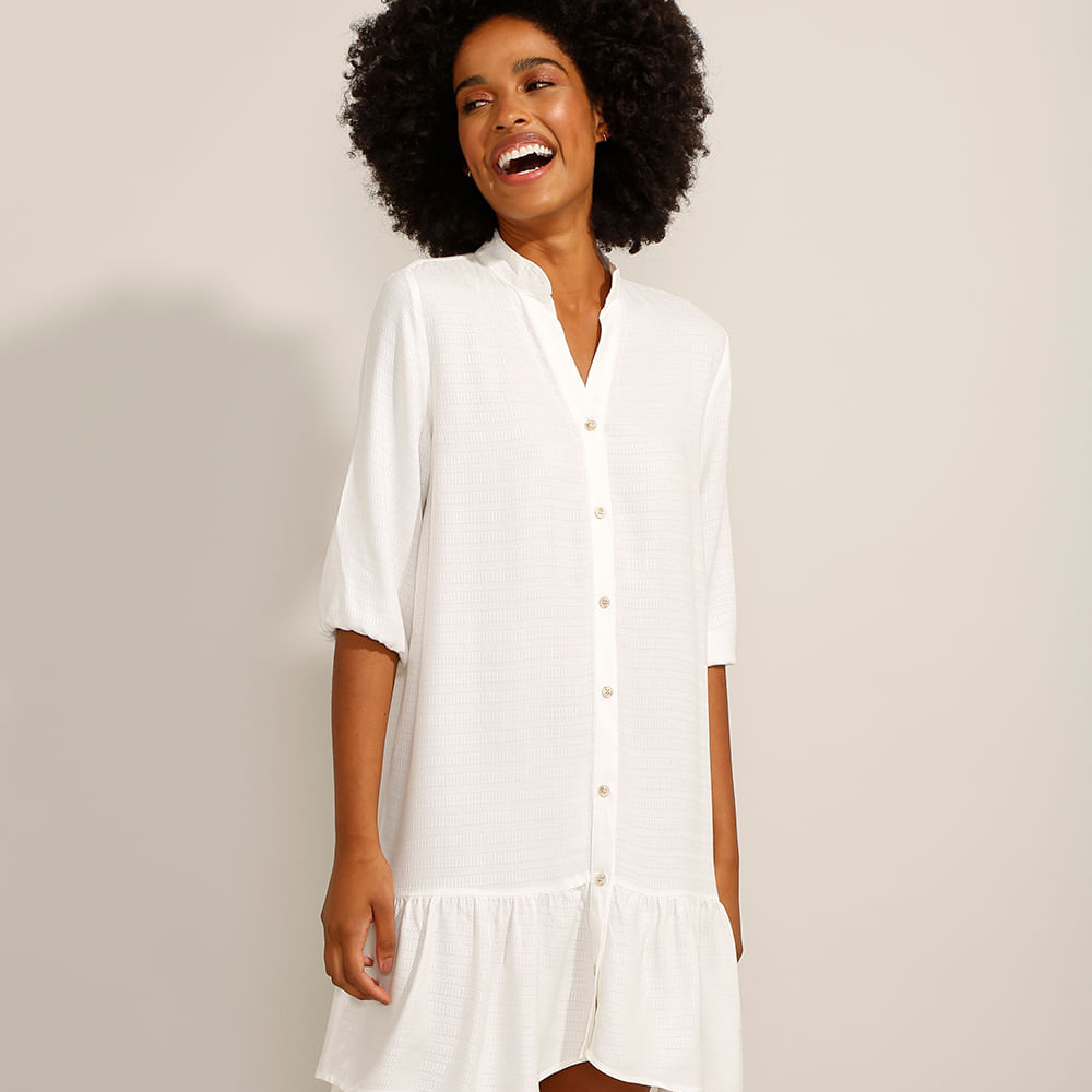 Vestido Chemise Curto com Babado Manga 3/4 Branco Vestido Chemise Curto com Babado Manga 3/4 Branco