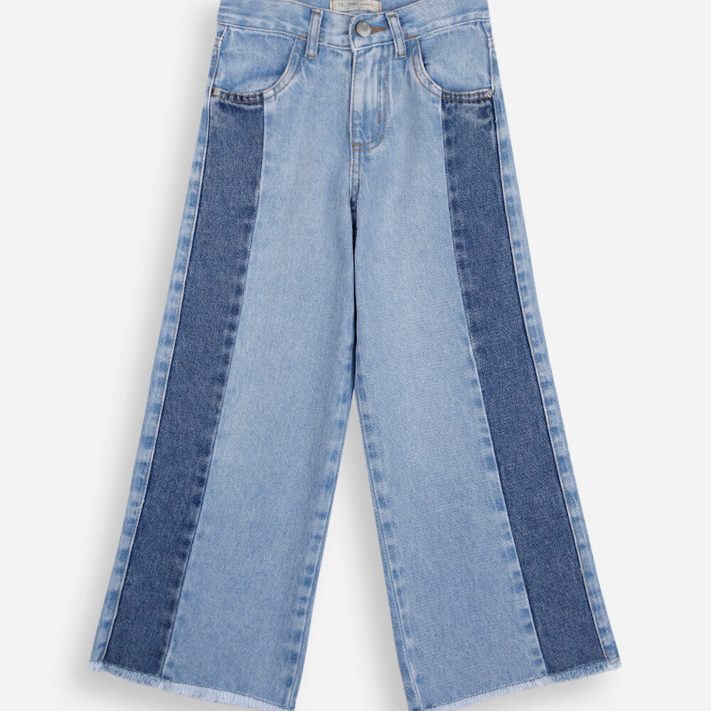 Calça wide leg infantil jeans com recorte azul Calça wide leg infantil jeans com recorte azul