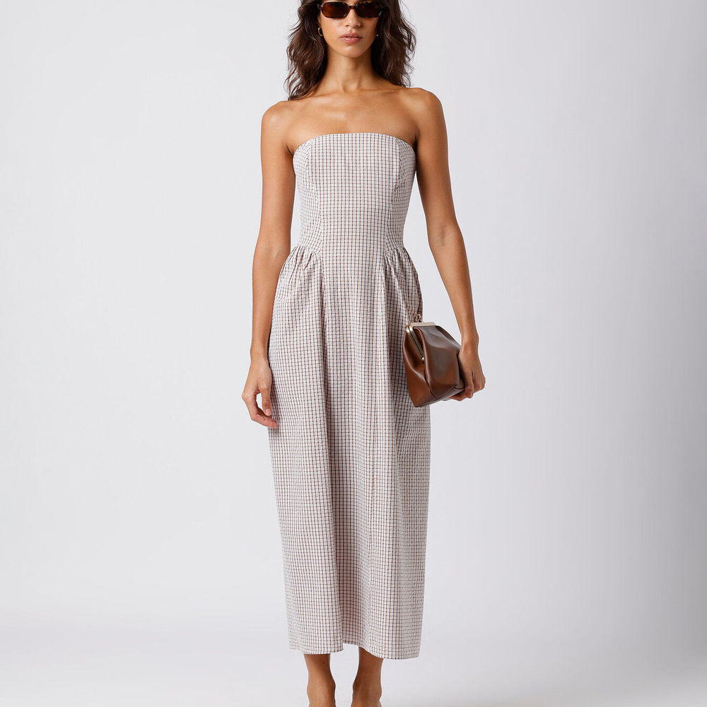 Vestido midi sem alça feminino de algodão xadrez mindset marrom Vestido midi sem alça feminino de algodão xadrez mindset marrom