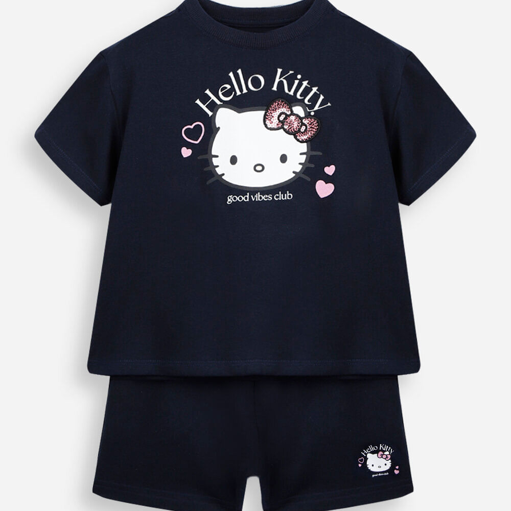 Conjunto curto infantil de algodão hello kitty azul Conjunto curto infantil de algodão hello kitty azul