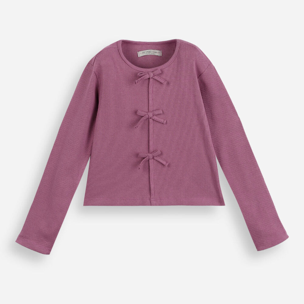 Blusa infantil de algodão manga longa canelada com lacinhos roxa Blusa infantil de algodão manga longa canelada com lacinhos roxa