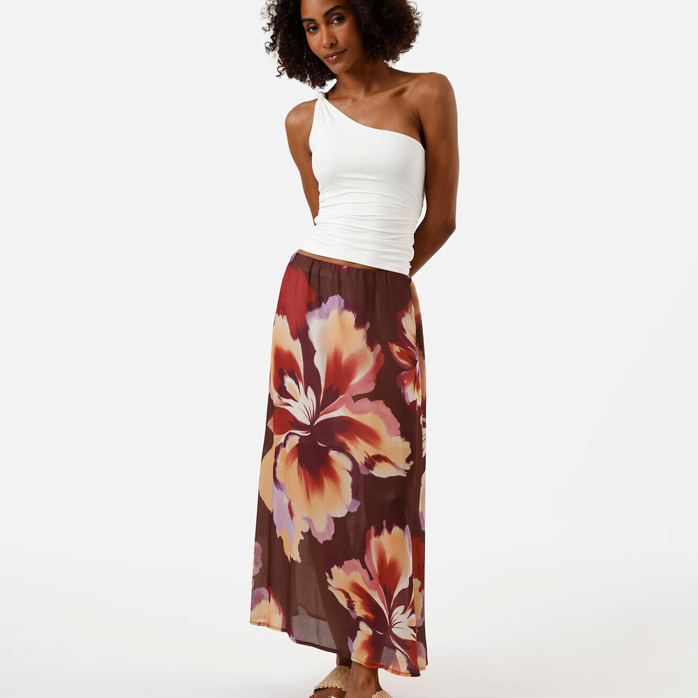 Saia midi feminina cós elástico floral marrom Saia midi feminina cós elástico floral marrom