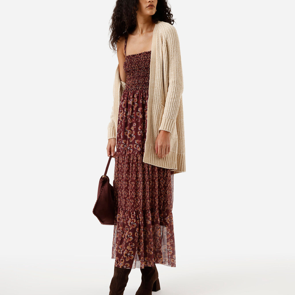 Vestido midi feminino de tule com recortes e franzidos floral vinho Vestido midi feminino de tule com recortes e franzidos floral vinho