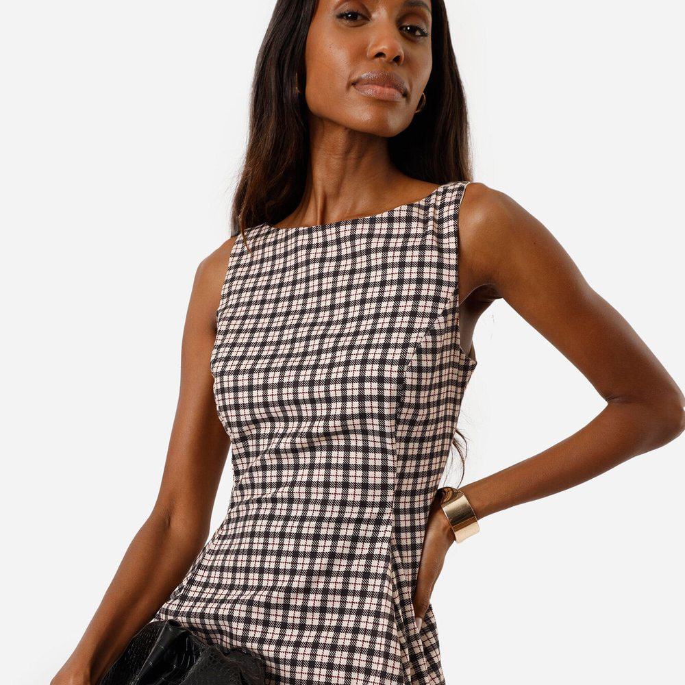 Vestido midi feminino de algodão xadrez bege Vestido midi feminino de algodão xadrez bege