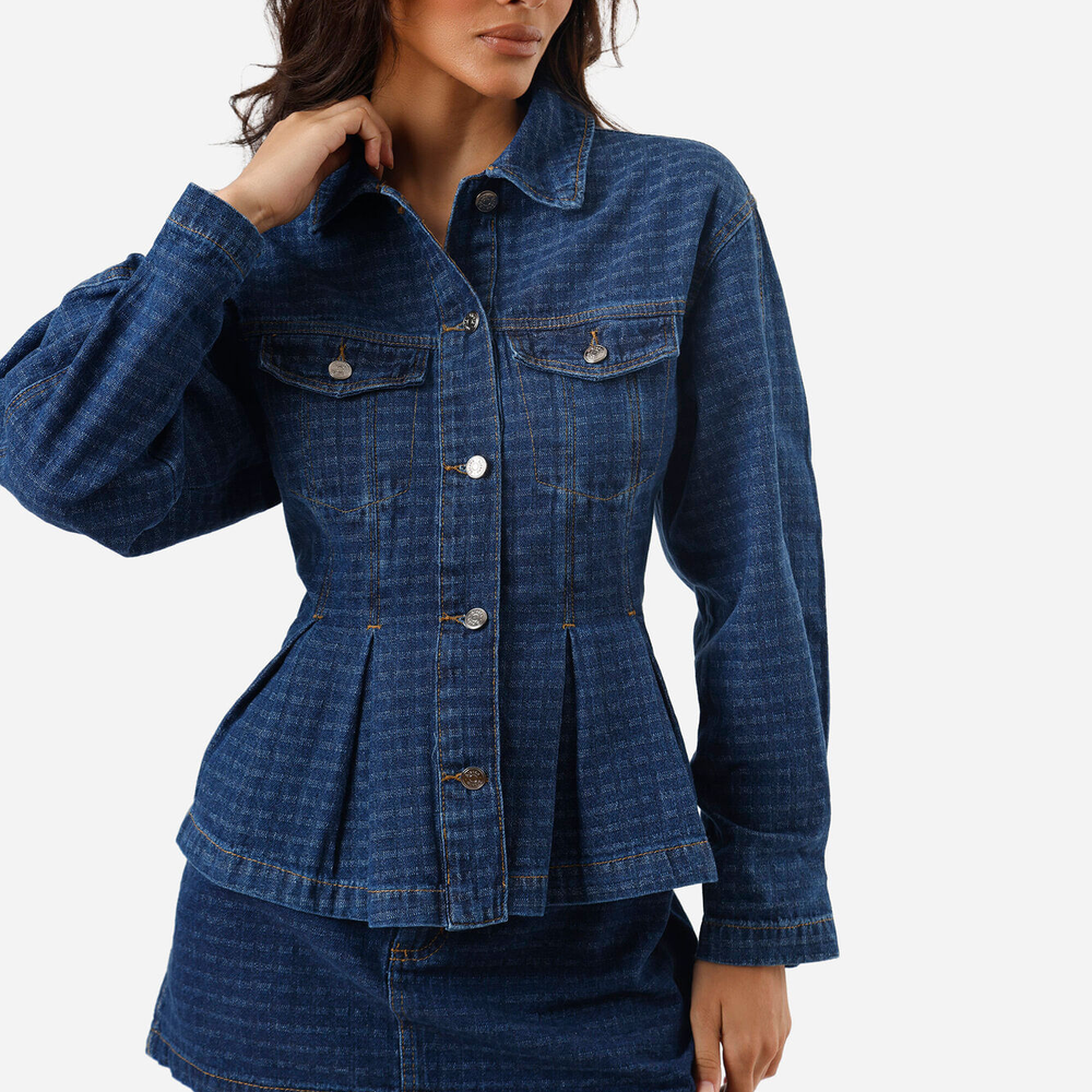 Jaqueta peplum feminina jeans com pregas xadrez azul Jaqueta peplum feminina jeans com pregas xadrez azul