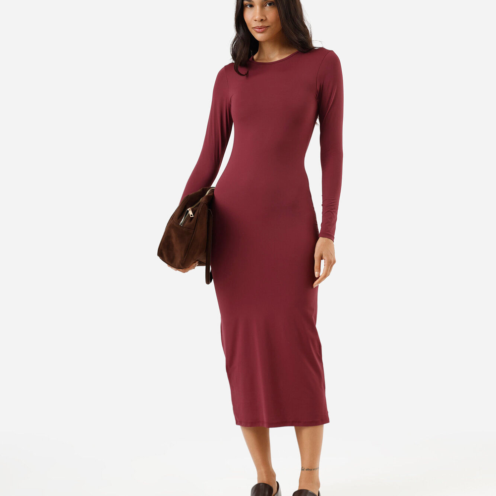Vestido midi feminino de poliamida manga longa vinho Vestido midi feminino de poliamida manga longa vinho