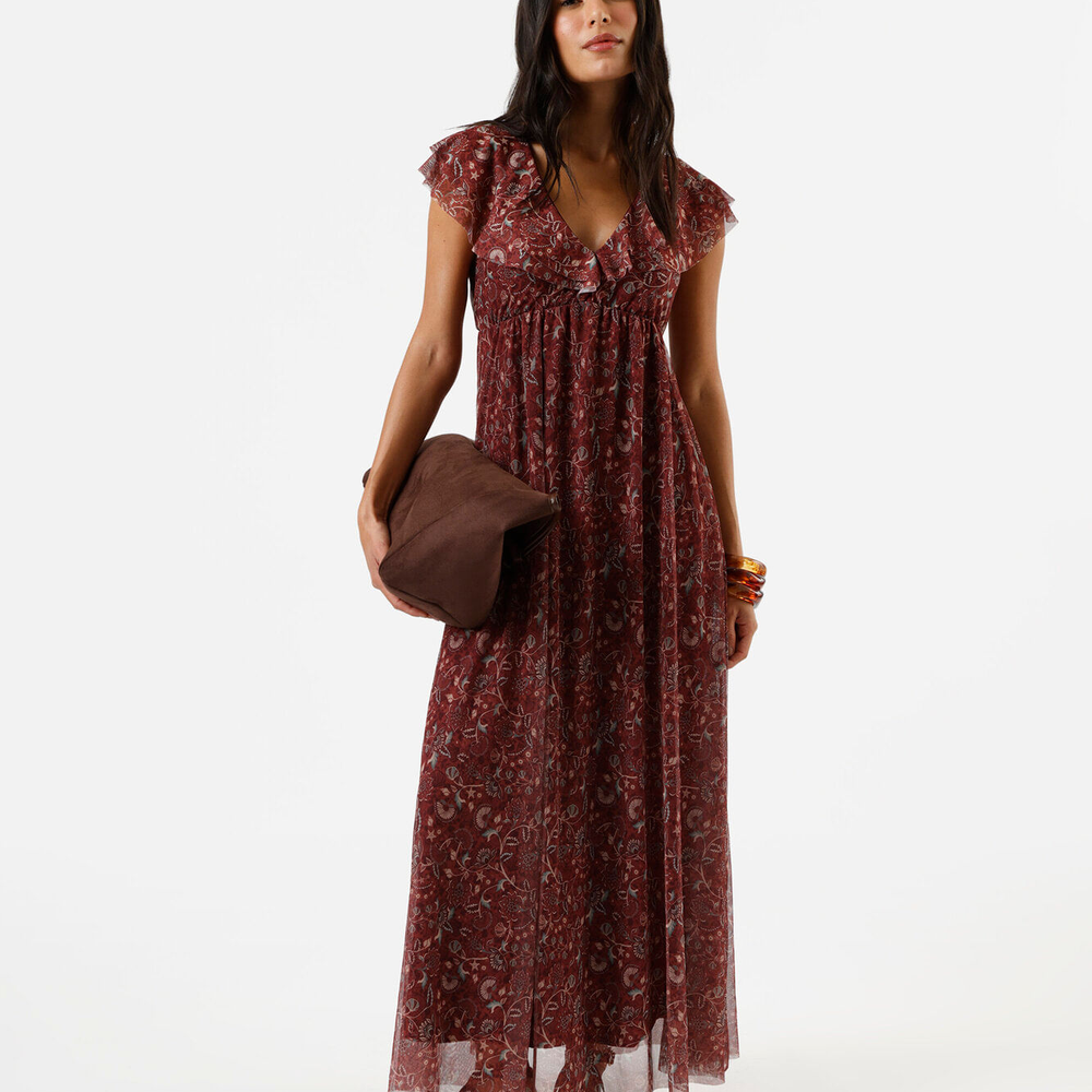 Vestido longo feminino de tule com babados floral vinho Vestido longo feminino de tule com babados floral vinho