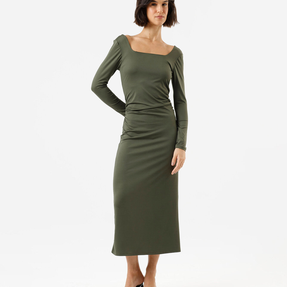 Vestido midi feminino decote quadrado manga longa franzido verde Vestido midi feminino decote quadrado manga longa franzido verde