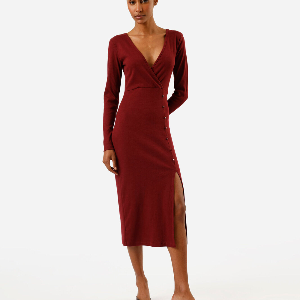 Vestido midi feminino de algodão manga longa com fenda canelado vinho Vestido midi feminino de algodão manga longa com fenda canelado vinho