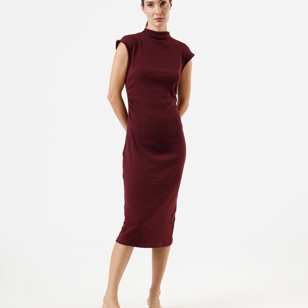 Vestido midi feminino de algodão manga curta vinho Vestido midi feminino de algodão manga curta vinho