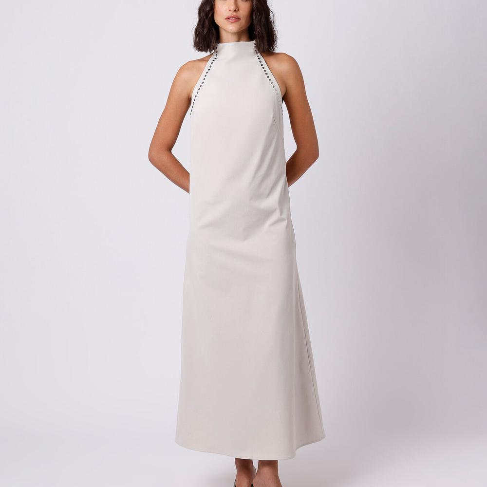 Vestido midi frente única feminino com tachas mindset bege Vestido midi frente única feminino com tachas mindset bege
