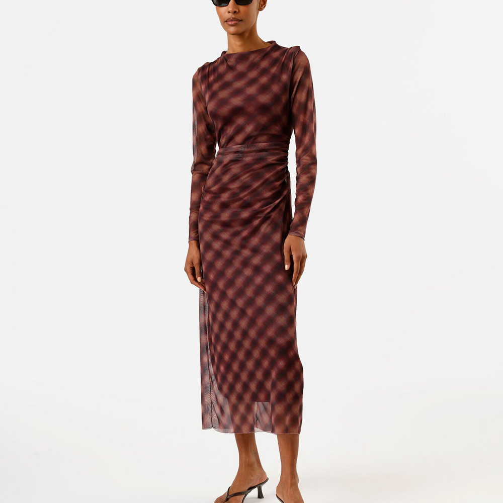 Vestido longo feminino de tule manga longa franzido xadrez marrom Vestido longo feminino de tule manga longa franzido xadrez marrom