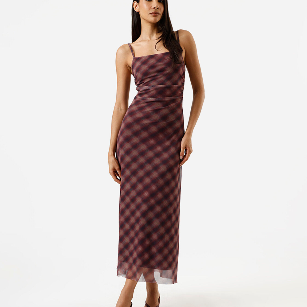 Vestido longo feminino de tule franzido xadrez vinho Vestido longo feminino de tule franzido xadrez vinho