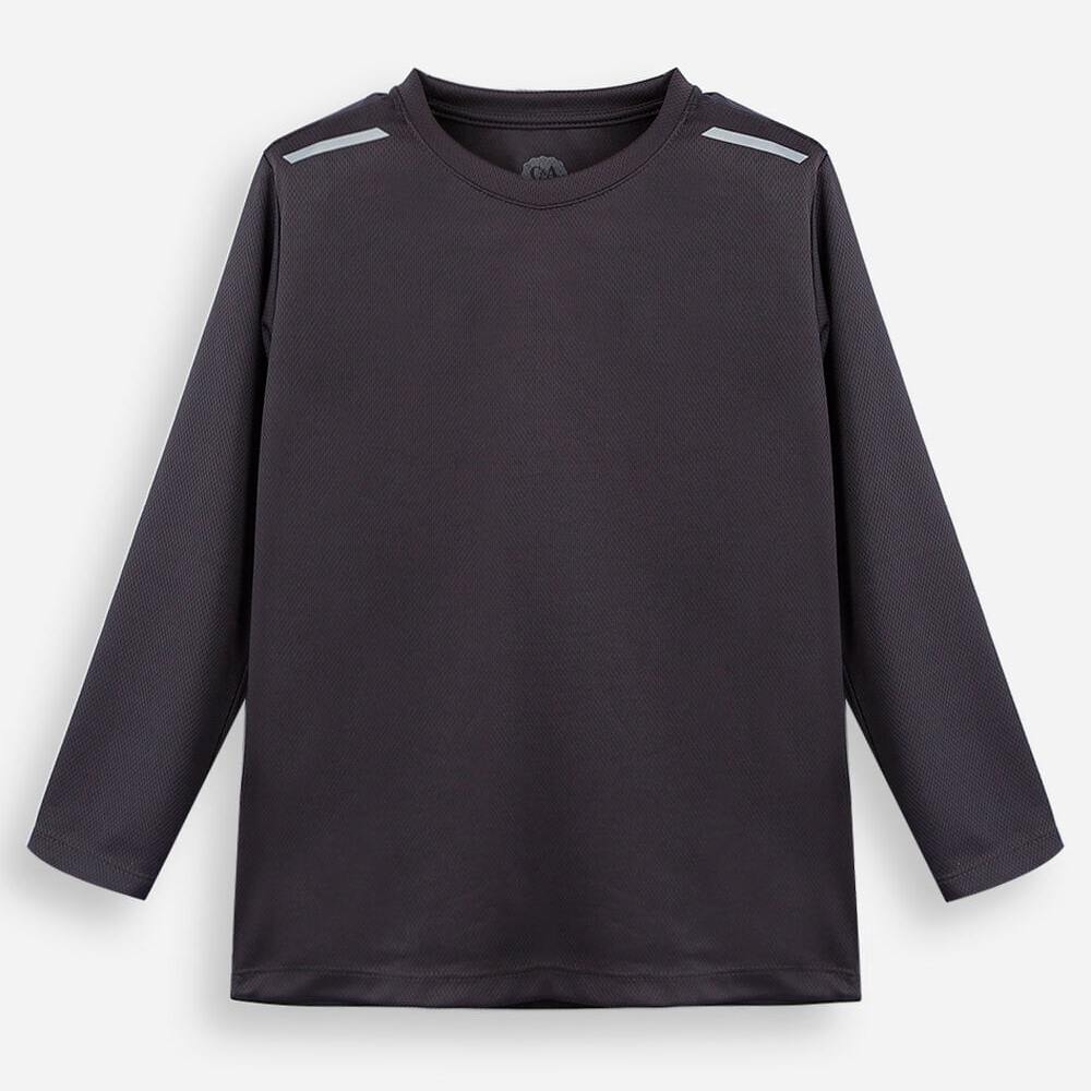 Camiseta infantil manga longa esportiva com refletivo cinza Camiseta infantil manga longa esportiva com refletivo cinza