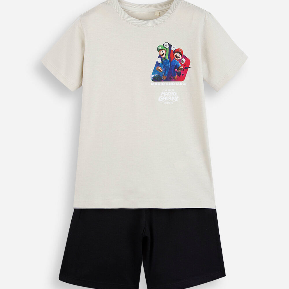 Conjunto curto infantil de algodão mario bros bege