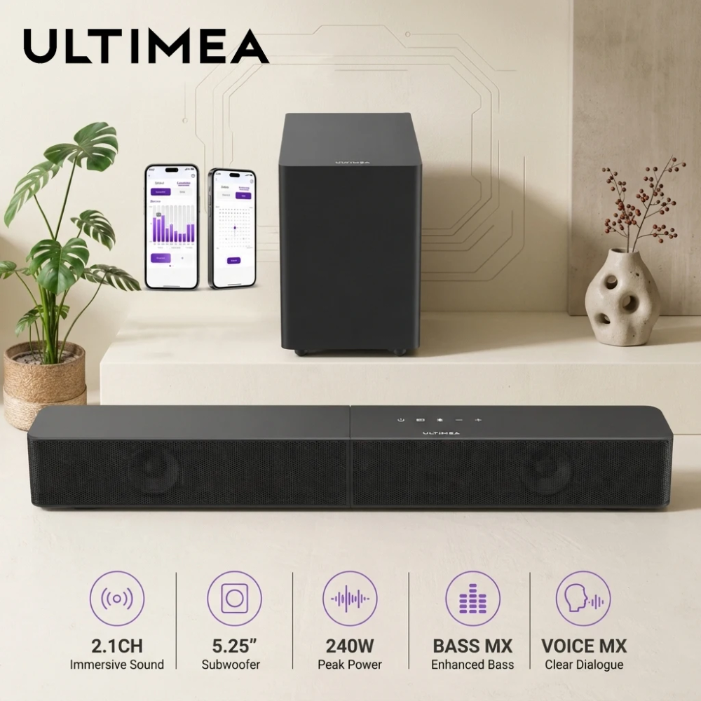 ULTIMEA Poseidon R3T 2.1ch Soundbar with 5.25" Wireless Subwoofer, 240W Home Theater System, BassMX & VoiceMX, App Control