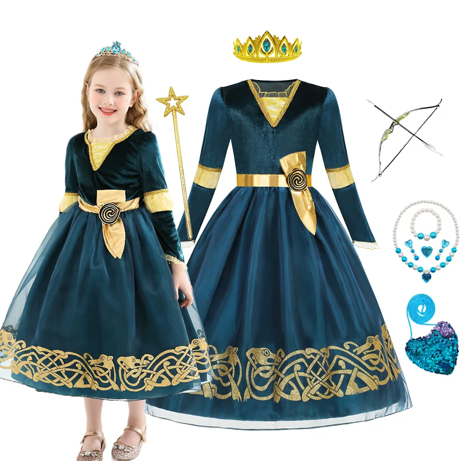 Halloween Girls Merida Dress Brave Performance Costume Girls Spring and Autumn Printed Off-shoulder Dress Carnival Clothes Halloween Girls Merida Dress Brave Performance Costume Girls Spring and Autumn Printed Off-shoulder Dress Carnival Clothes