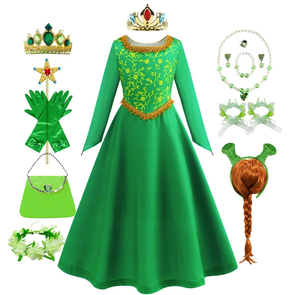 Fiona Dress Halloween Shrek Cosplay Fantasy Dress Up Green Princess Costume Children Elegant Gown Kids Long Sleeve Print Frocks Fiona Dress Halloween Shrek Cosplay Fantasy Dress Up Green Princess Costume Children Elegant Gown Kids Long Sleeve Print Frocks