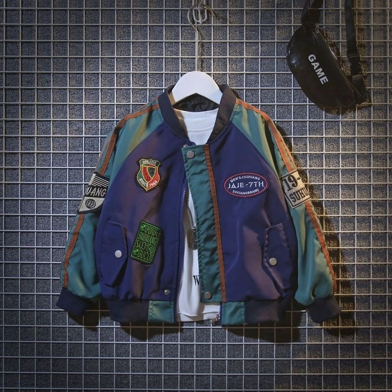 2025 New Boys' Spring Autumn Jacket Korean Style Stylish Multi Logo Patchwork Kids Baseball Jacket Trendy 2025 New Boys' Spring Autumn Jacket Korean Style Stylish Multi Logo Patchwork Kids Baseball Jacket Trendy