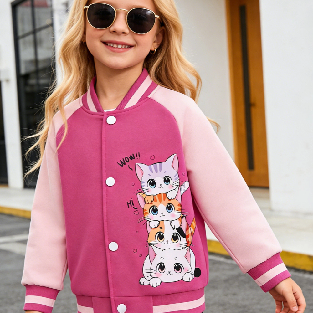 Little girl's cartoon baseball jacket with heart-shaped cat pattern, suitable for children's casual outdoor daily activities Little girl's cartoon baseball jacket with heart-shaped cat pattern, suitable for children's casual outdoor daily activities