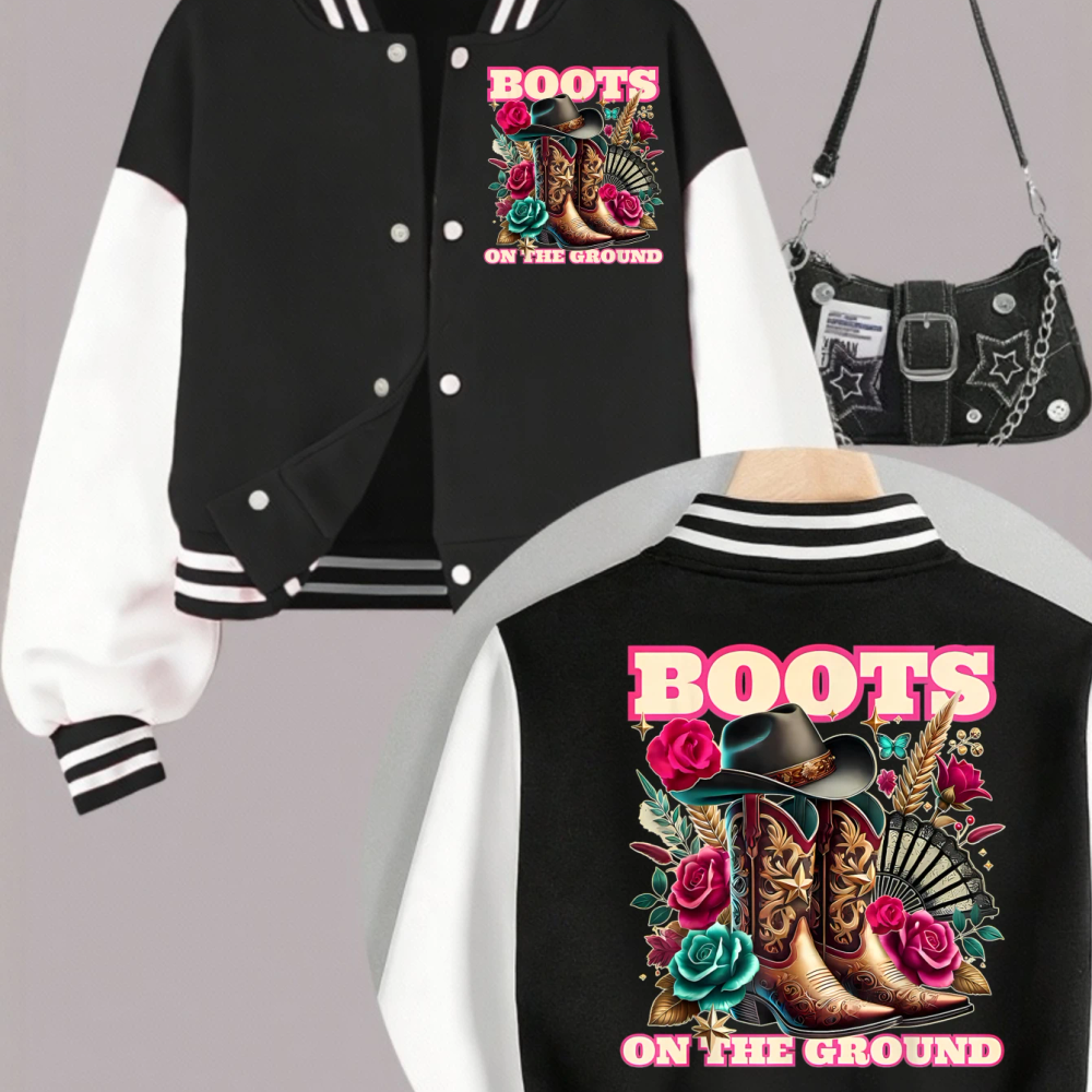 1PCS Autumn Winter Tween Girls Clothes Boots On The Grounds Double Sided Print Short Cropped School Style Girl Baseball Jacket 1PCS Autumn Winter Tween Girls Clothes Boots On The Grounds Double Sided Print Short Cropped School Style Girl Baseball Jacket