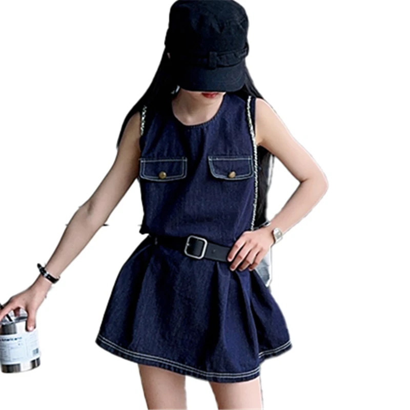 Stylish Kids Fashion Denim Bodysuit Dress for Girls Vintage Dark Blue Jeans Skirt With Belt Child Trendy Streetwear Outfit 5-14Y Stylish Kids Fashion Denim Bodysuit Dress for Girls Vintage Dark Blue Jeans Skirt With Belt Child Trendy Streetwear Outfit 5-14Y