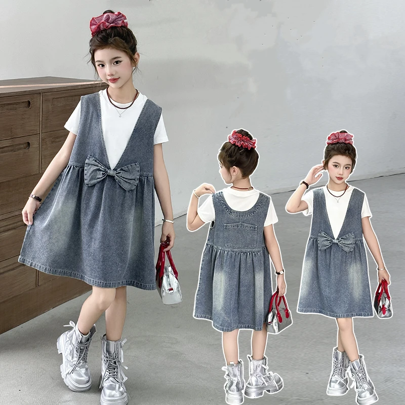 Kids Fashion Reversible Clothes Loose Fit Sleeveless Denim Vest Dress with Bow for Teens Girl Street Outfit Child Jeans Dress Kids Fashion Reversible Clothes Loose Fit Sleeveless Denim Vest Dress with Bow for Teens Girl Street Outfit Child Jeans Dress