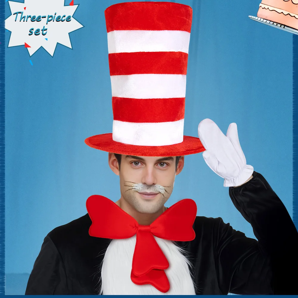The Cat in The Hat Cosplay Set Dr. Seuss Stage Costume Red White Plush Tall Hat Full Kit The Cat in The Hat Cosplay Set Dr. Seuss Stage Costume Red White Plush Tall Hat Full Kit