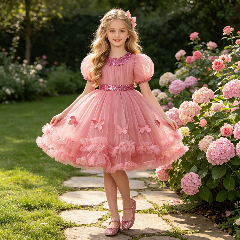 Elegant Sequin Party Girls Dress Tulle Butterfly Wedding Bridesmaids Princess Prom Dress Girl Puff Sleeve Birthday Evening Gown Elegant Sequin Party Girls Dress Tulle Butterfly Wedding Bridesmaids Princess Prom Dress Girl Puff Sleeve Birthday Evening Gown