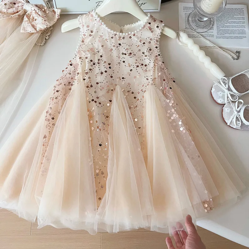 Summer New Baby Girl Pearl mesh sleeveless dress Children Girl Lace and Pearl ornament Fashion Vest style Princess Dress 2-8 Yrs Summer New Baby Girl Pearl mesh sleeveless dress Children Girl Lace and Pearl ornament Fashion Vest style Princess Dress 2-8 Yrs