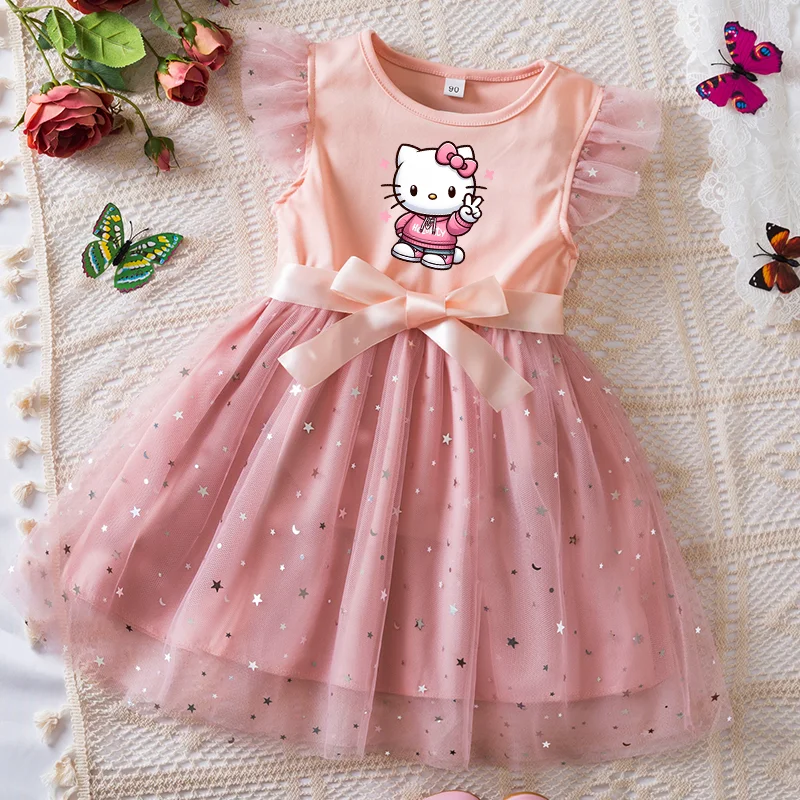 Hello Kitty Girls Sequin Tutu Dress with Bow Flutter Sleeves Summer Princess Party Outfit for Toddler Kids 2-6 Years Hello Kitty Girls Sequin Tutu Dress with Bow Flutter Sleeves Summer Princess Party Outfit for Toddler Kids 2-6 Years