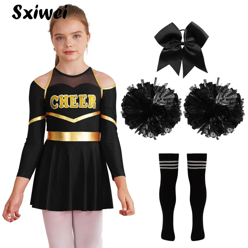 Girls Cheerleader Costume Cheerleading Uniform School Cheer Dance Outfit Off-shoulder Long Sleeves Dance Dress with Accessories Girls Cheerleader Costume Cheerleading Uniform School Cheer Dance Outfit Off-shoulder Long Sleeves Dance Dress with Accessories