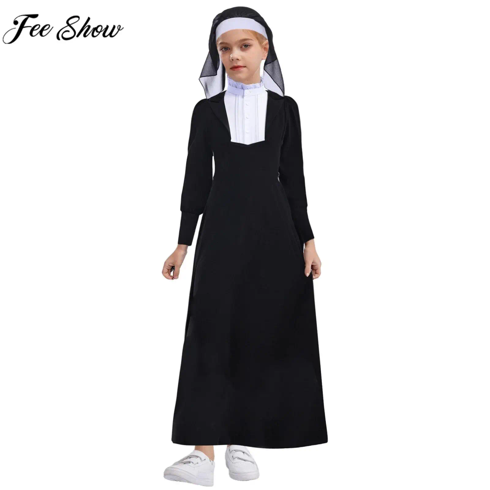 Children Girls Angel Nun Cosplay Dress Long Sleeve Robe with Veil Headpiece for Halloween Carnival Christmas Party Church Prayer