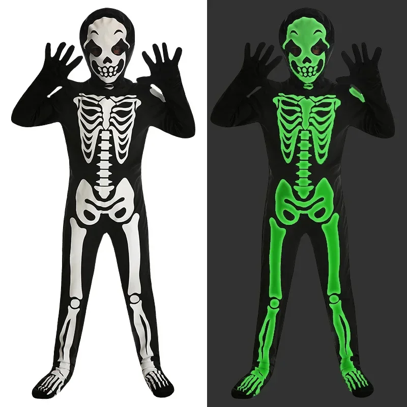 Kids Halloween Skeleton Costume for Boys and Girls Glow in the Dark Skeleton Jumpsuit Stage Performance Bodysuit Costumes