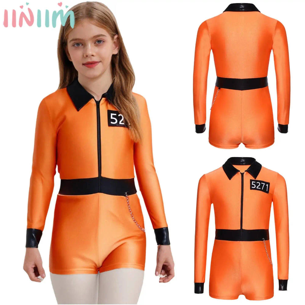 Kids Girls Prisoner Cosplay Bodysuit Long Sleeve Lapel Zipper Jumpsuit Halloween Convict Jailbird Criminal Dress Up Costume