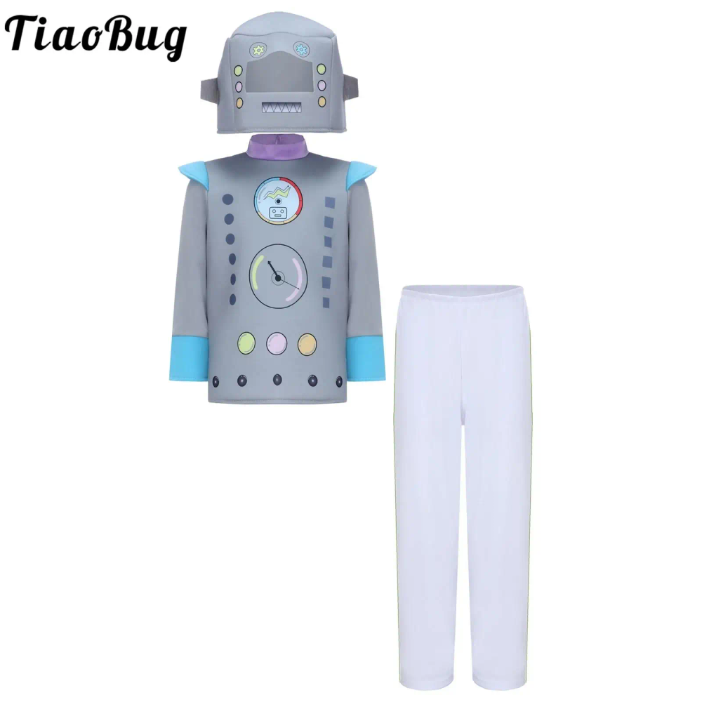 Kids Robot Cosplay Costume Long Sleeve Printed Shirt Top with Pants Cute Robots Headgear Halloween Carnival Party Fancy Dress Up