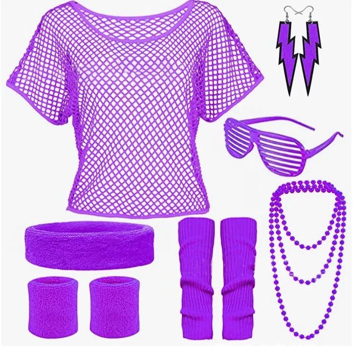 Kids Neon Performance Outfit Fishnet Top Glasses 7 Piece Party Dance Costume Set Kids Neon Performance Outfit Fishnet Top Glasses 7 Piece Party Dance Costume Set